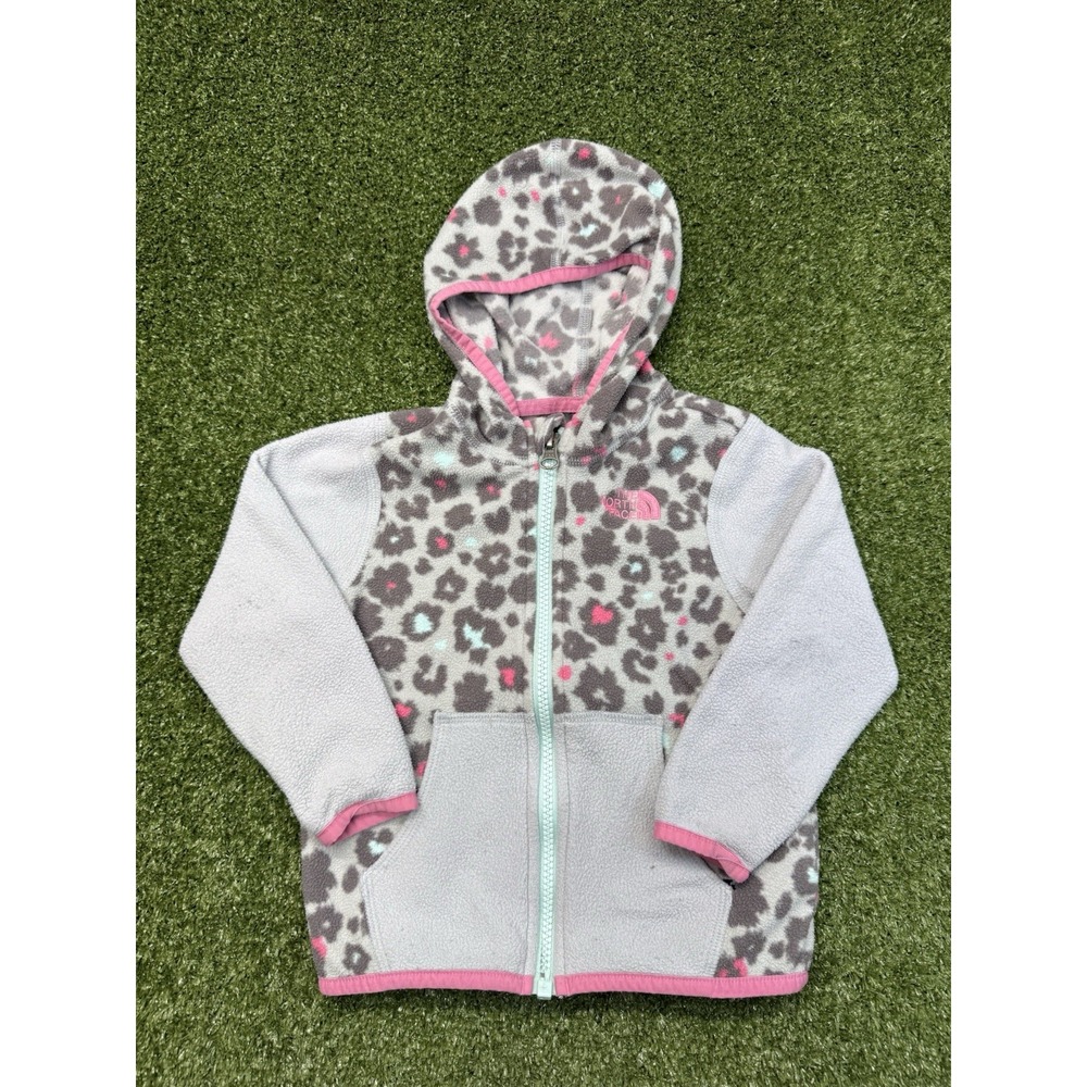 The North Face Jacket Girl 18-24 Months Grey Pink Fleece Hooded Full Zip Leopard